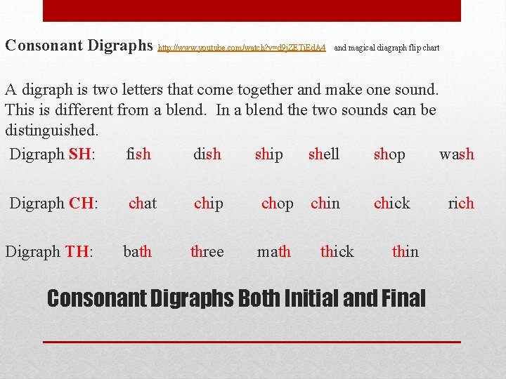 Consonant Digraphs http: //www. youtube. com/watch? v=d 9 j. ZETi. Ed. A 4 and