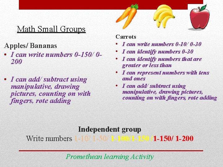 Math Small Groups Apples/ Bananas • I can write numbers 0 -150/ 0200 •