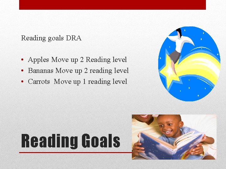 Reading goals DRA • Apples Move up 2 Reading level • Bananas Move up