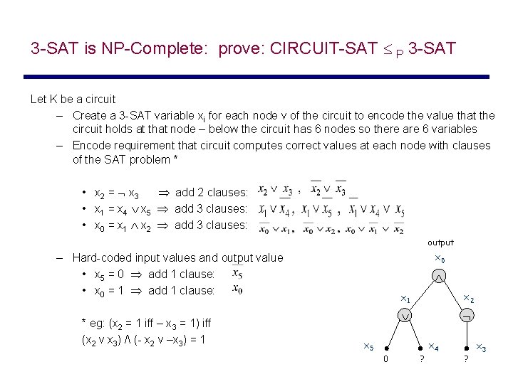 3 -SAT is NP-Complete: prove: CIRCUIT-SAT P 3 -SAT Let K be a circuit
