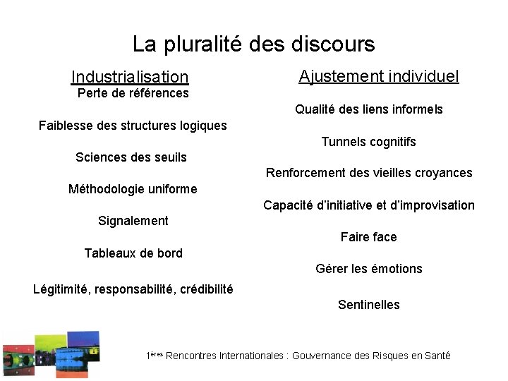 La pluralité des discours Industrialisation Ajustement individuel Perte de références Qualité des liens informels La pluralité des discours Industrialisation Ajustement individuel Perte de références Qualité des liens informels