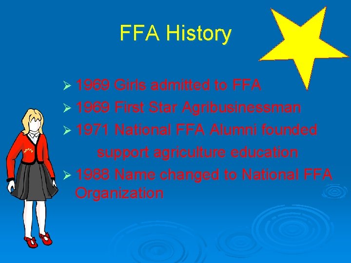 FFA History Ø 1969 Girls admitted to FFA Ø 1969 First Star Agribusinessman Ø