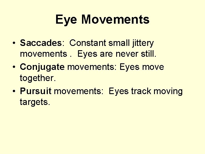 Eye Movements • Saccades: Constant small jittery movements. Eyes are never still. • Conjugate