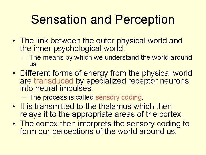 Sensation and Perception • The link between the outer physical world and the inner