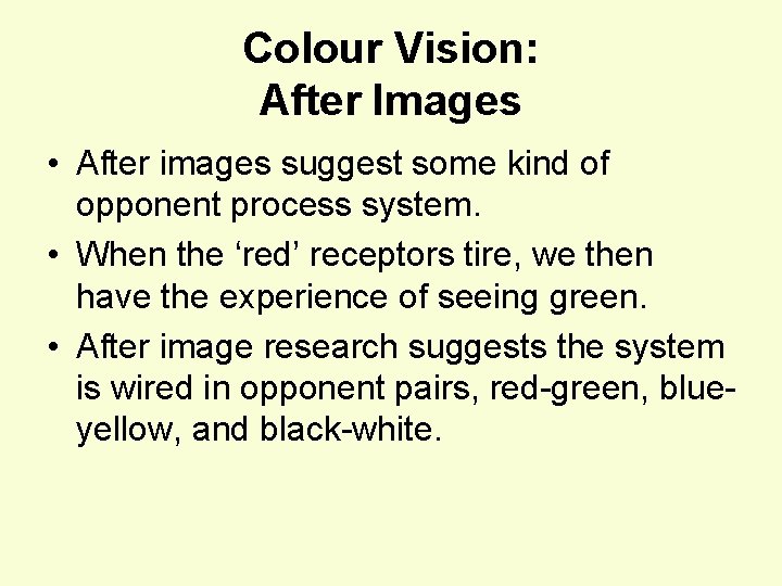 Colour Vision: After Images • After images suggest some kind of opponent process system.