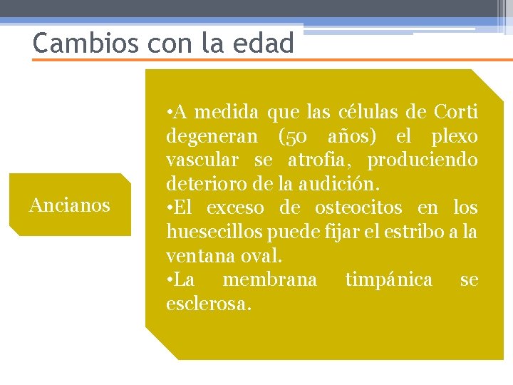 Cambios con la edad Niños y Ancianos Lactantes • El oído externo se desarrolla Cambios con la edad Niños y Ancianos Lactantes • El oído externo se desarrolla