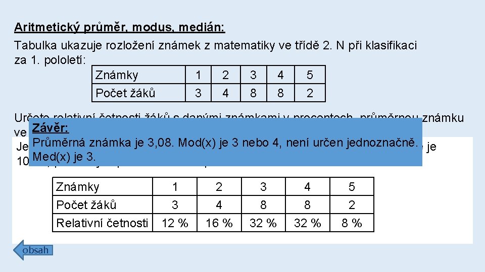 Aritmetický průměr, modus, medián: Tabulka ukazuje rozložení známek z matematiky ve třídě 2. N