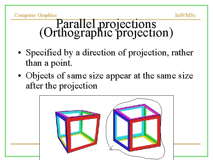 Computer Graphics Parallel projections (Orthographic projection) Inf 4/MSc • Specified by a direction of