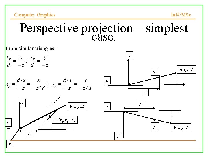 Computer Graphics Inf 4/MSc Perspective projection – simplest case. x xp P(x, y, z)