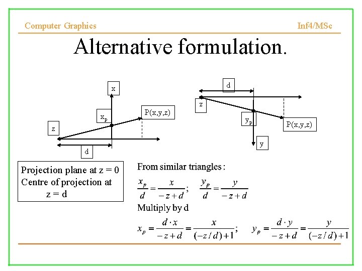 Computer Graphics Inf 4/MSc Alternative formulation. d x z d P(x, y, z) z