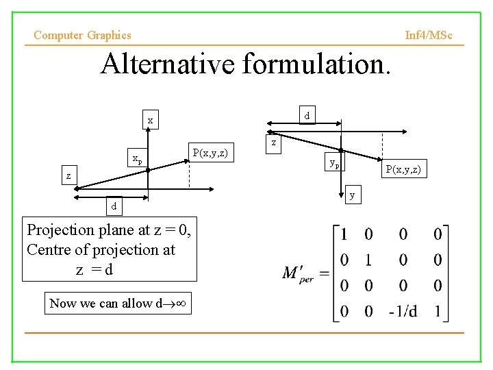 Computer Graphics Inf 4/MSc Alternative formulation. d x z d P(x, y, z) z