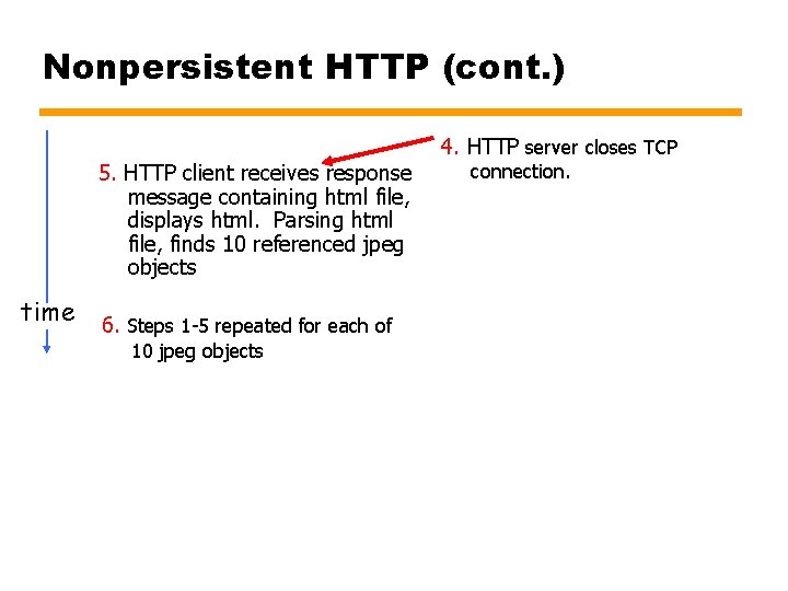 Nonpersistent HTTP (cont. ) 5. HTTP client receives response message containing html file, displays