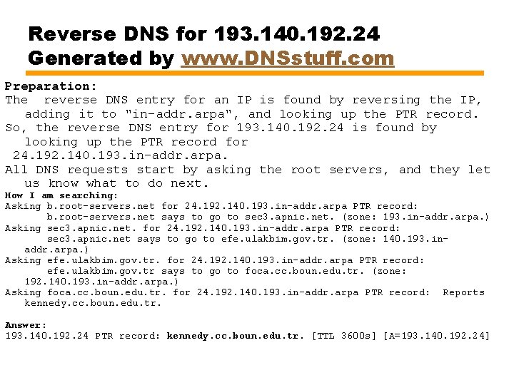 Reverse DNS for 193. 140. 192. 24 Generated by www. DNSstuff. com Preparation: The