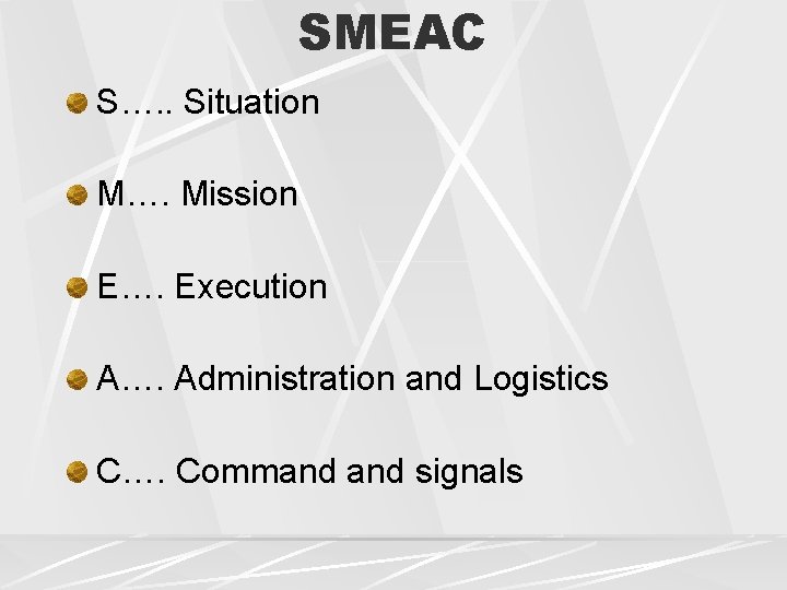 SMEAC S…. . Situation M…. Mission E…. Execution A…. Administration and Logistics C…. Command