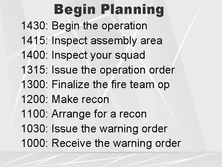 Begin Planning 1430: Begin the operation 1415: Inspect assembly area 1400: Inspect your squad