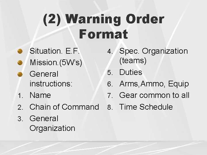 (2) Warning Order Format Situation. E. F. Mission. (5 W’s) General instructions: 1. Name