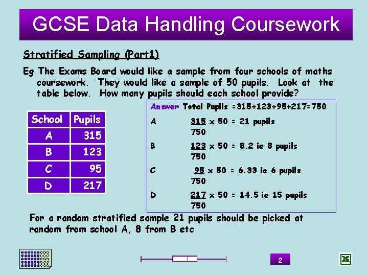 GCSE Data Handling Coursework Stratified Sampling (Part 1) Eg The Exams Board would like