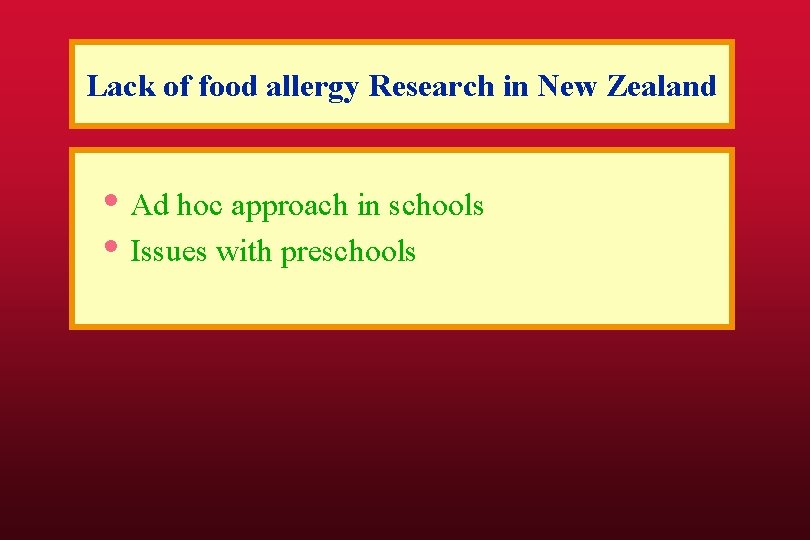 Lack of food allergy Research in New Zealand • Ad hoc approach in schools