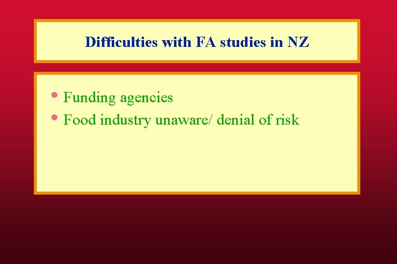 Difficulties with FA studies in NZ • Funding agencies • Food industry unaware/ denial