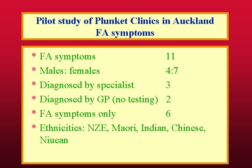 Pilot study of Plunket Clinics in Auckland FA symptoms • FA symptoms 11 •