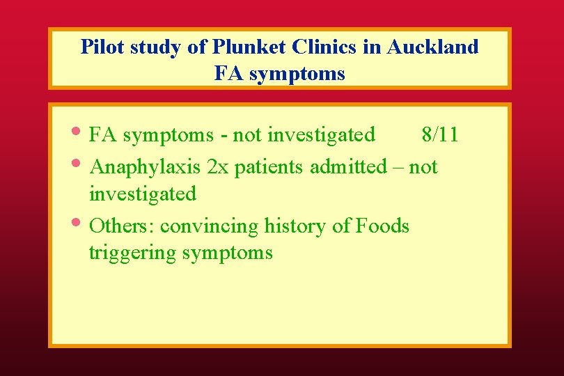 Pilot study of Plunket Clinics in Auckland FA symptoms • FA symptoms - not