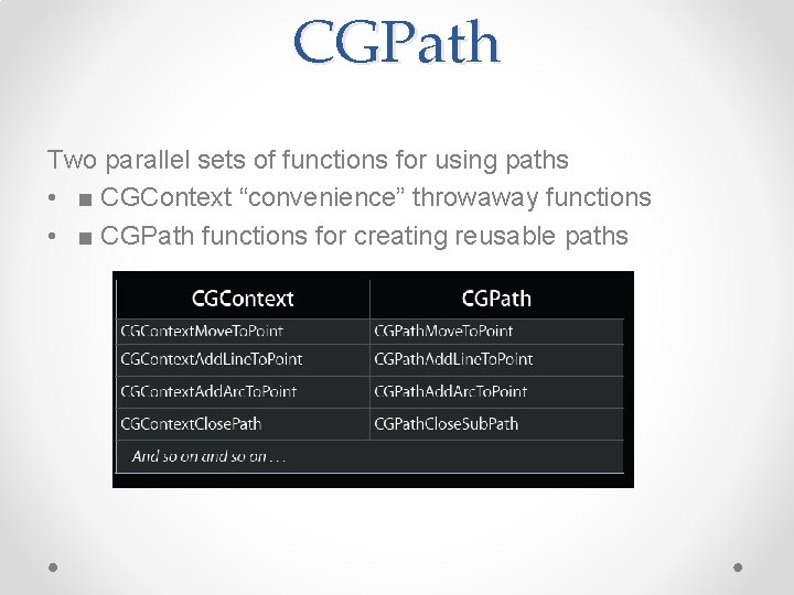 CGPath Two parallel sets of functions for using paths • ■ CGContext “convenience” throwaway