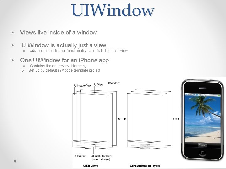 UIWindow • Views live inside of a window • UIWindow is actually just a