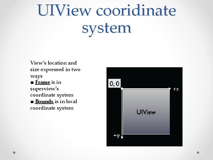 UIView cooridinate system View’s location and size expressed in two ways ■ Frame is