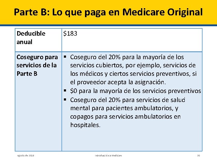 Parte B: Lo que paga en Medicare Original Deducible anual $183 Coseguro para §