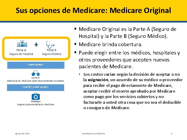 Sus opciones de Medicare: Medicare Original Parte A Seguro de Hospital Parte B Seguro