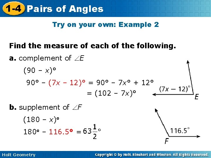 1 -4 Pairs of Angles Try on your own: Example 2 Find the measure