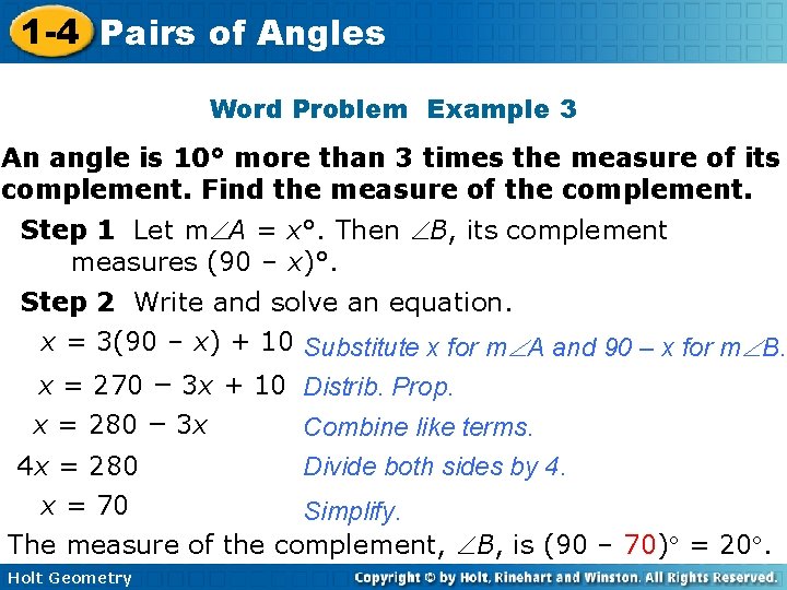 1 -4 Pairs of Angles Word Problem Example 3 An angle is 10° more