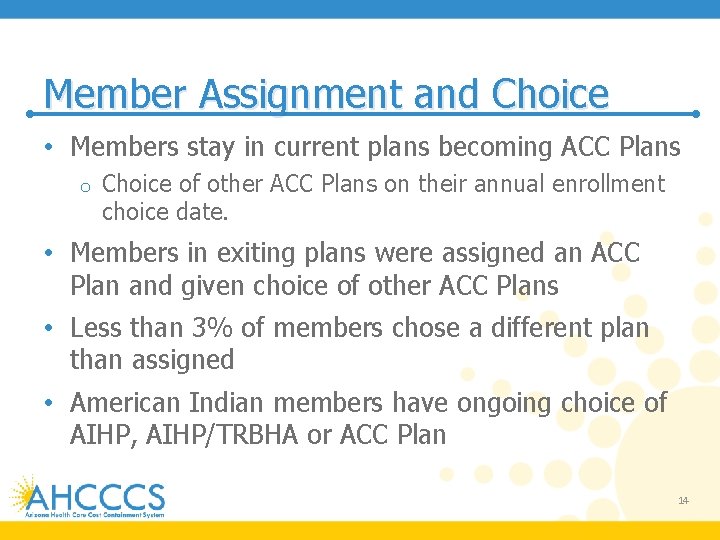 Member Assignment and Choice • Members stay in current plans becoming ACC Plans o
