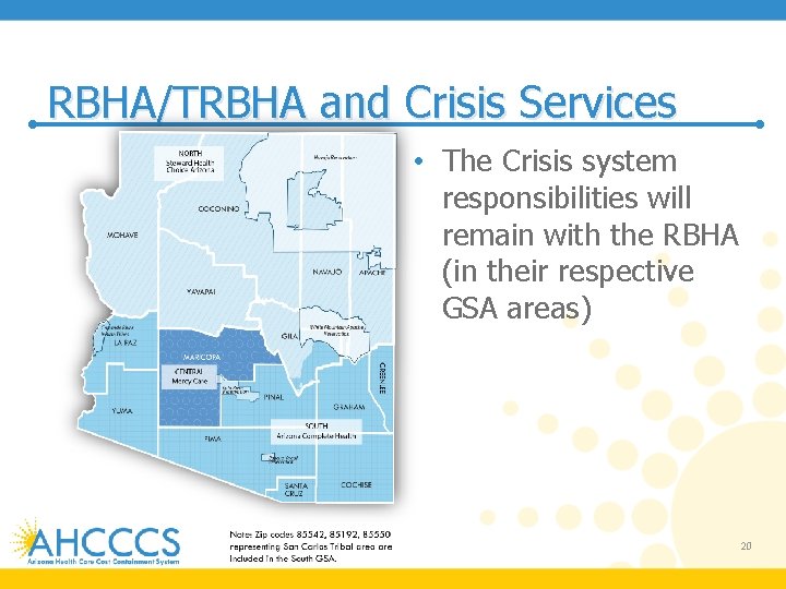 RBHA/TRBHA and Crisis Services • The Crisis system responsibilities will remain with the RBHA