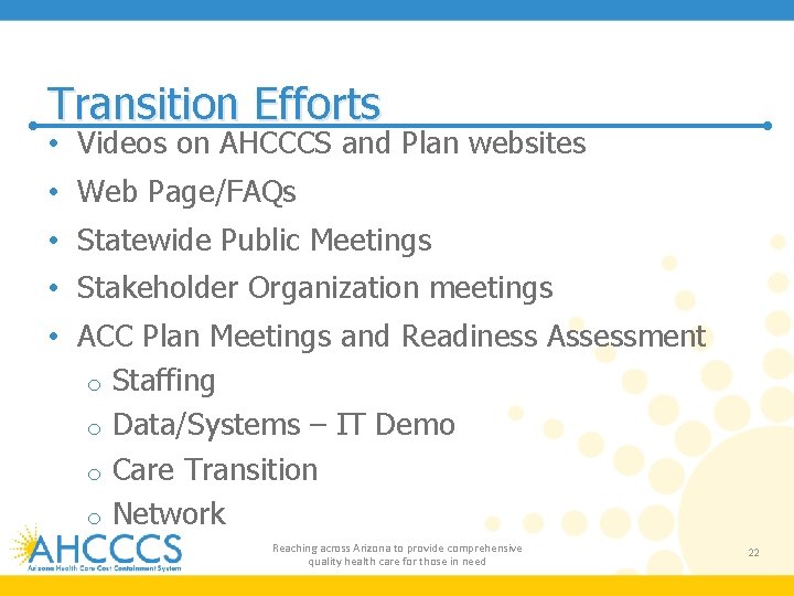 Transition Efforts • Videos on AHCCCS and Plan websites • Web Page/FAQs • Statewide