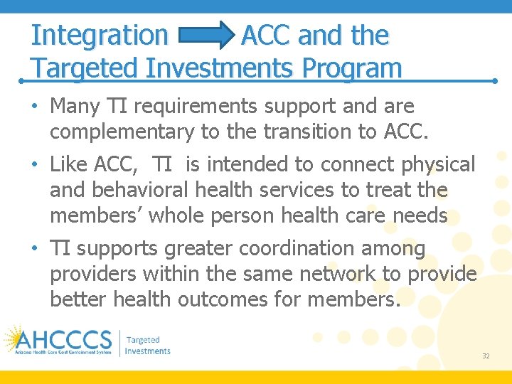 Integration ACC and the Targeted Investments Program • Many TI requirements support and are