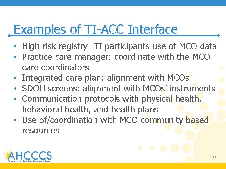 Examples of TI-ACC Interface • High risk registry: TI participants use of MCO data