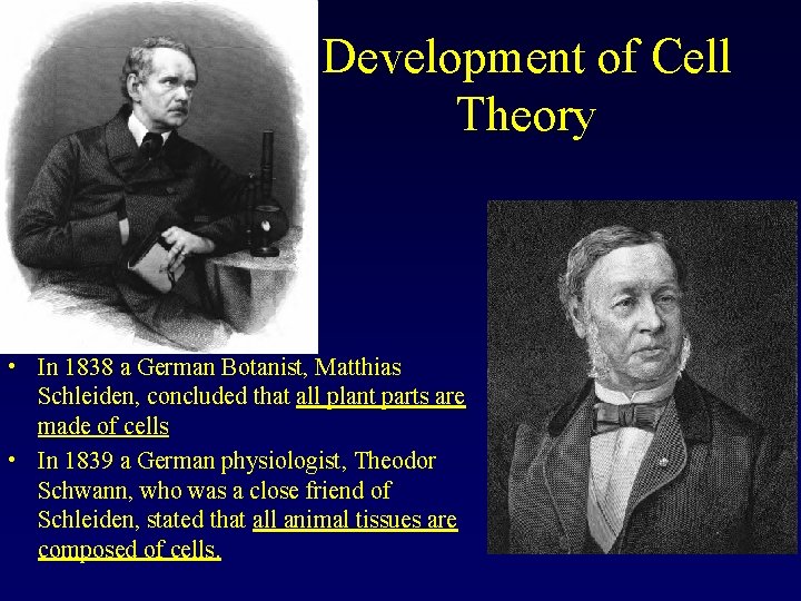 Development of Cell Theory • In 1838 a German Botanist, Matthias Schleiden, concluded that