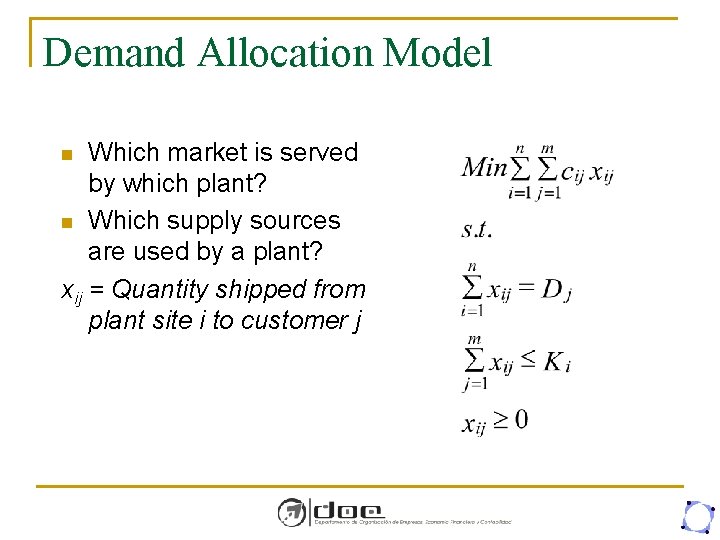 Demand Allocation Model Which market is served by which plant? n Which supply sources