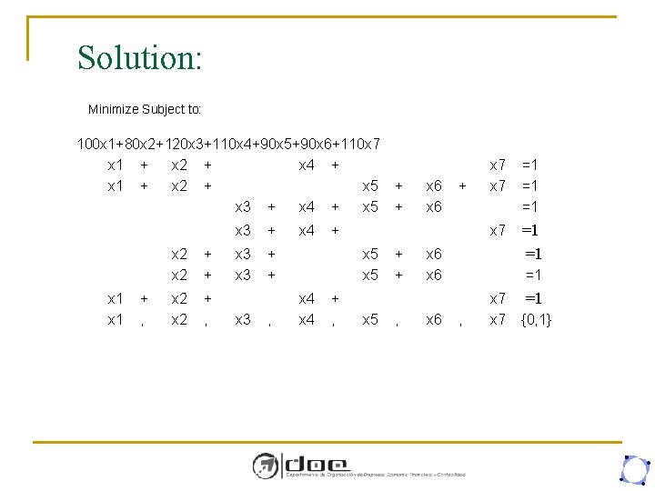 Solution: Minimize Subject to: 100 x 1+80 x 2+120 x 3+110 x 4+90 x