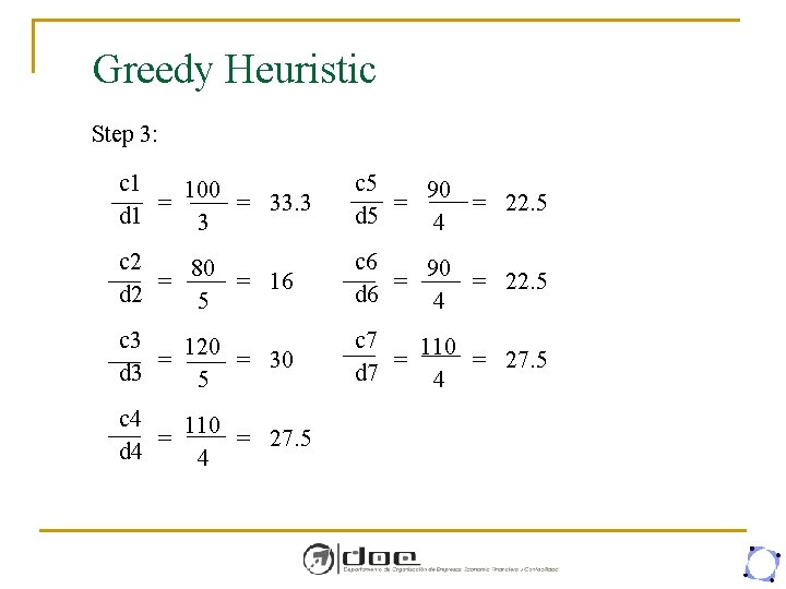 Greedy Heuristic Step 3: c 1 100 = = 33. 3 d 1 3