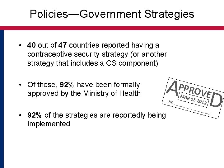 Policies―Government Strategies • 40 out of 47 countries reported having a contraceptive security strategy