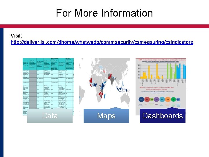 For More Information Visit: http: //deliver. jsi. com/dhome/whatwedo/commsecurity/csmeasuring/csindicators Data Maps Dashboards 