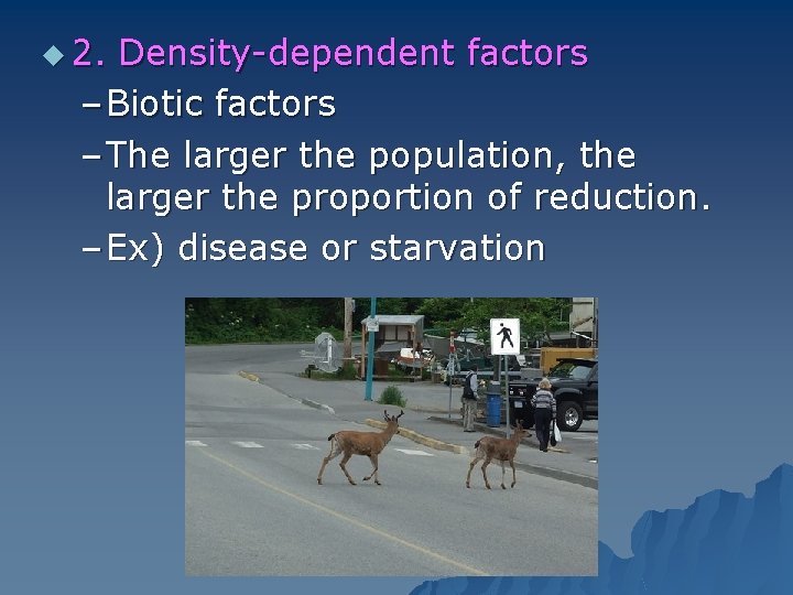 u 2. Density-dependent factors – Biotic factors – The larger the population, the larger