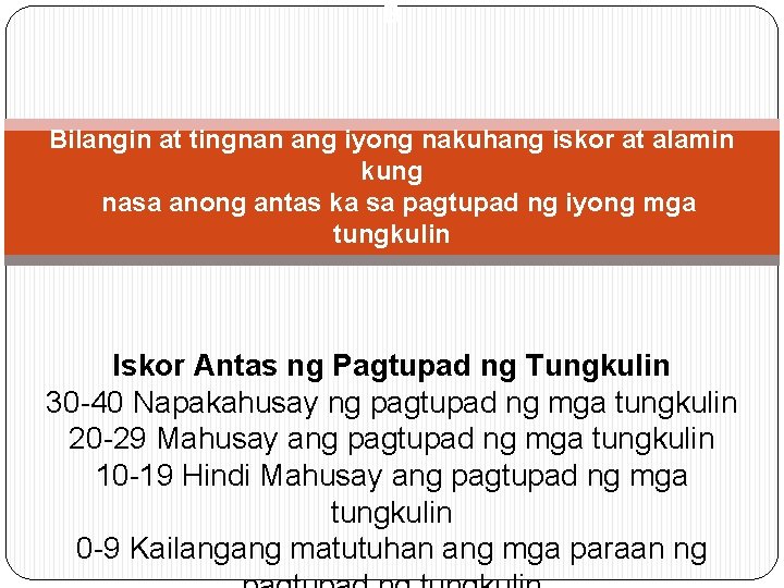 B Bilangin at tingnan ang iyong nakuhang iskor at alamin kung nasa anong antas