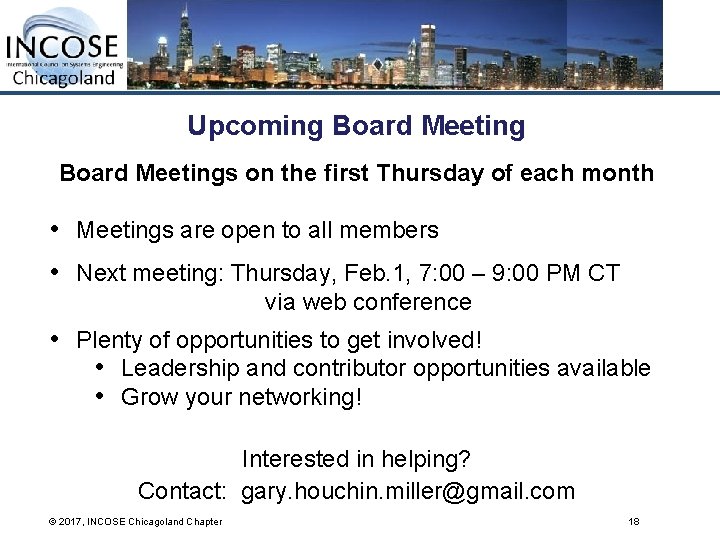 Upcoming Board Meetings on the first Thursday of each month • Meetings are open