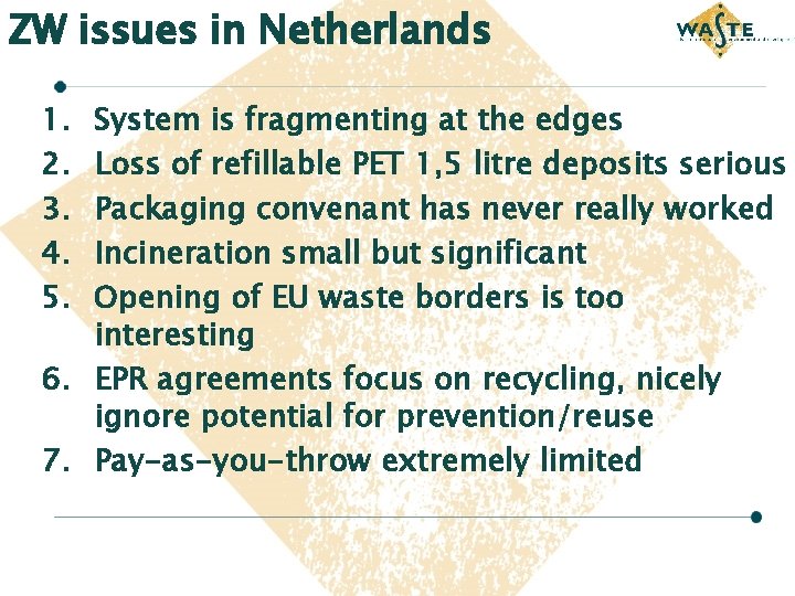 ZW issues in Netherlands 1. 2. 3. 4. 5. System is fragmenting at the