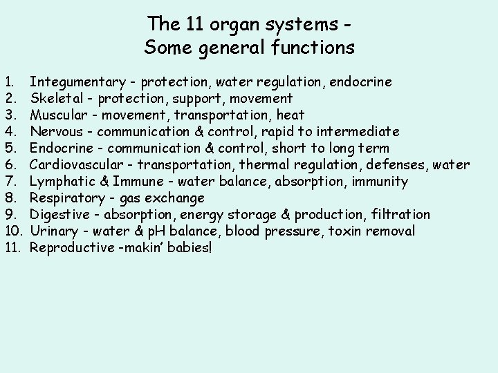The 11 organ systems Some general functions 1. 2. 3. 4. 5. 6. 7.