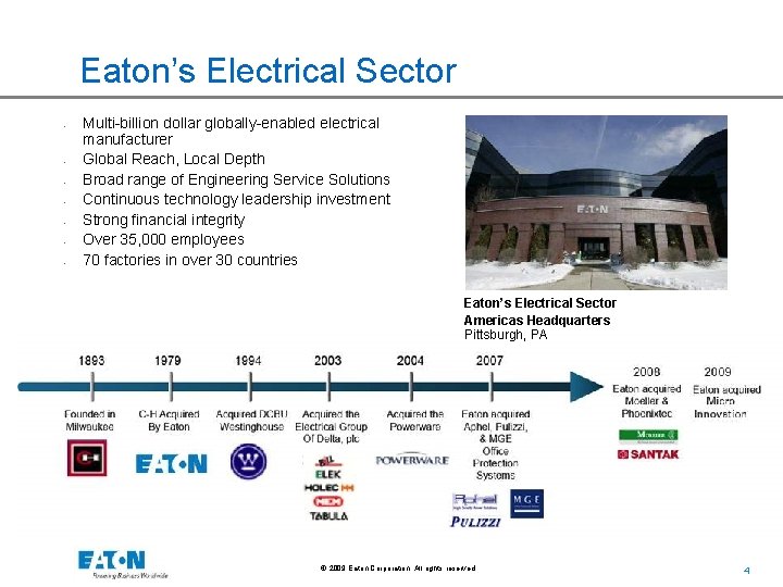 Eaton’s Electrical Sector • • Multi-billion dollar globally-enabled electrical manufacturer Global Reach, Local Depth