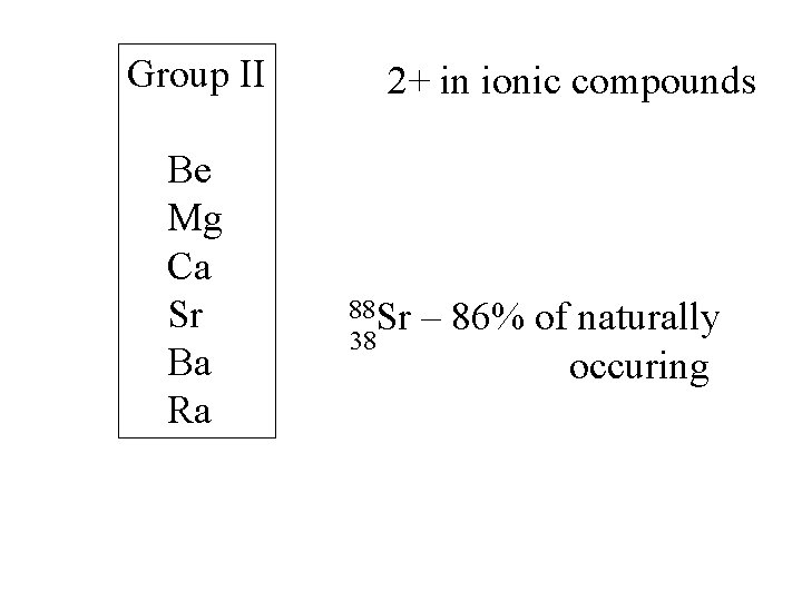 Group II Be Mg Ca Sr Ba Ra 2+ in ionic compounds 88 Sr